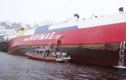 The Navimag ferry Amadeo I listed and half sunk in the Kirke pass  