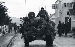 Second Lieutenant in the Argentine cavalry, Gustavo Adolfo Tamaño on a Panhard tank in Stanley