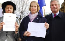 Ms Cameron (centre) with Kedell Worboys, the St Helena Gov. Representative and Gibraltar Representative Albert Poggio.