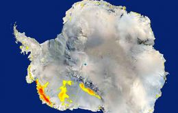 Areas of snow melt, shown in yellow and red, as seen by NASA's QuikScat satellite