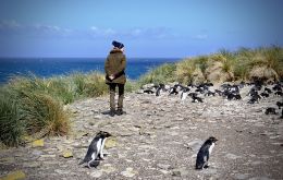 Princess Anne surrounded by penguins at the Bleaker Island nature reserve