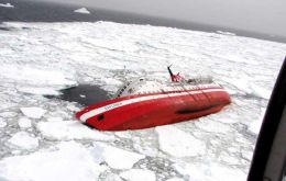 Icepacked waters sorround the listed “Red Little Boat”