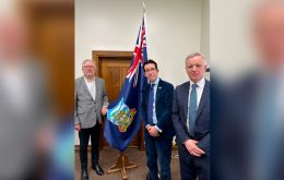 The Falkland Islands Representative, Richard Hyslop, with (L-R) Chairman of the Falkland Islands APPG, Peter Dowd MP, and Vice Chairman, Rob Butler MP. Photo: Falkland Islands Government Office