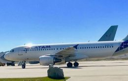 The LATAM Airbus at Mount Pleasant international airport on its Saturday weekly flight  