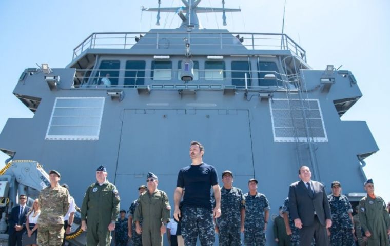 Defense minister Luis Petri with the commanders of ARA Cordero at the launching of the new approach to protect natural resources