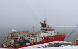 RRS Sir David Attenborough arrival at Rothera Wharf in Antarctica. Credit: Will Clark