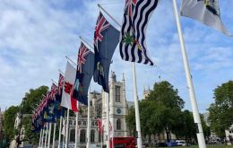 Colors of the fourteen UKOTs in Parliament Square 